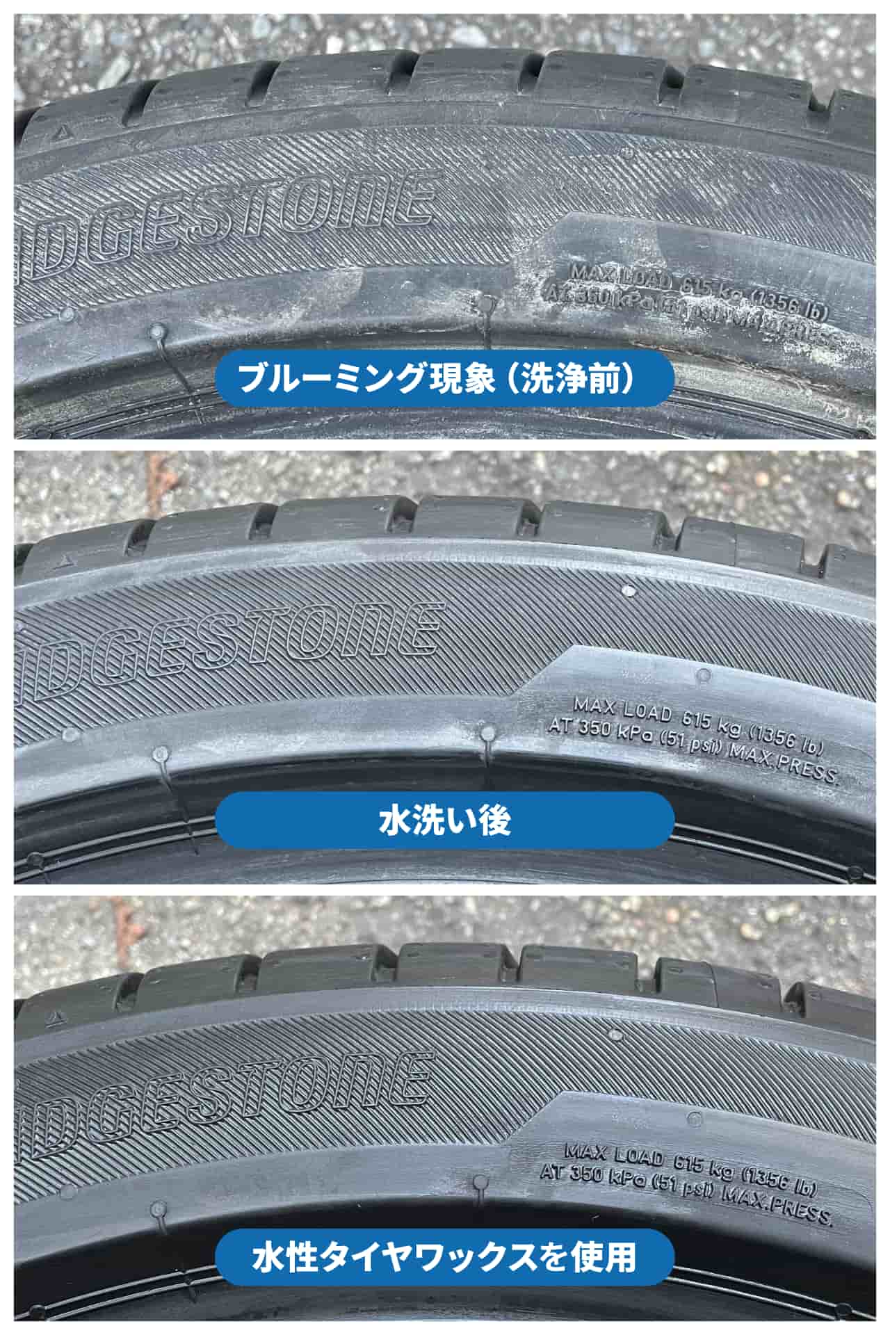 タイヤのブルーミング現象と洗浄後の比較画像